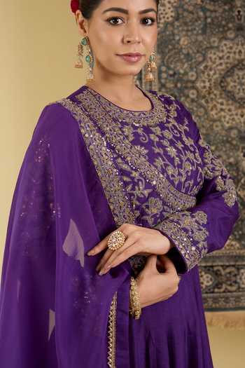 Shop_BAIDEHI_Purple Silk, Organza Round Neck Embroidered Yoke Anarkali And Dupatta Set _Online_at_Aza_Fashions