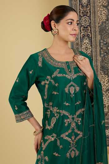 Shop_BAIDEHI_Green Silk, Georgette, Chanderi Round Embroidered Straight Kurta Sharara Set  _Online_at_Aza_Fashions