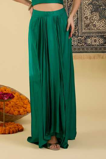 BAIDEHI_Emerald Green Organza, Satin Round Neck, Scoop Embroidered Yoke Cape Skirt Set _Online_at_Aza_Fashions