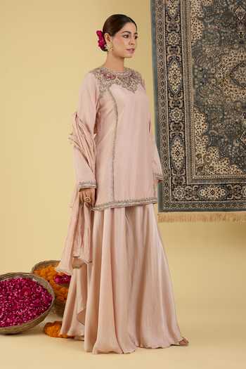 BAIDEHI Beige Silk, Crepe Round Neck, Yes Embellished Kurta Sharara Set at Aza Fashions BAIDEHI_Beige Silk, Crepe Round Neck, Yes Embellished Kurta Sharara Set _at_Aza_Fashions