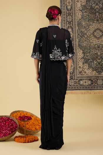BAIDEHI Sequin Embroidered Cape & Pre-Draped Saree Set 
