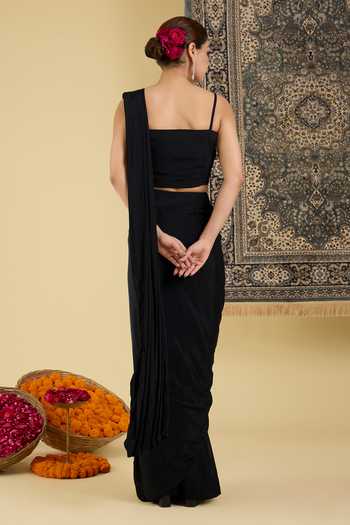 BAIDEHI Black Georgette, Chinon Mandarin Sequin Embroidered Cape And Pre-draped Saree Set Online at Aza Fashions BAIDEHI_Black Georgette, Chinon Mandarin Sequin Embroidered Cape And Pre-draped Saree Set _Online_at_Aza_Fashions