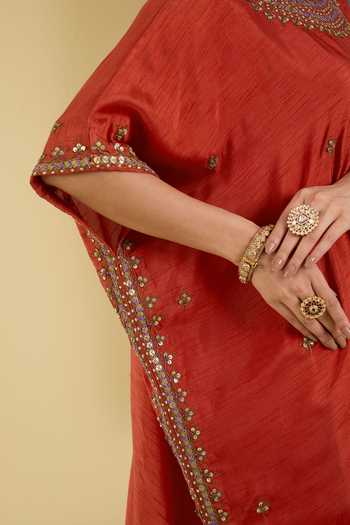 Buy BAIDEHI Red Silk Round Neck Placed Embroidered Kaftan And Pant Set Online at Aza Fashions Buy_BAIDEHI_Red Silk Round Neck Placed Embroidered Kaftan And Pant Set _Online_at_Aza_Fashions