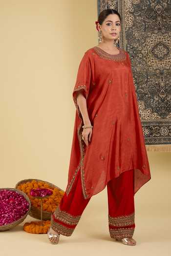 Shop BAIDEHI Red Silk Round Neck Placed Embroidered Kaftan And Pant Set Online at Aza Fashions Shop_BAIDEHI_Red Silk Round Neck Placed Embroidered Kaftan And Pant Set _Online_at_Aza_Fashions