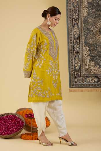 BAIDEHI_Mustard Silk Round Neck, Yes Floral Embroidered Kurta And Dhoti Pant Set _Online_at_Aza_Fashions