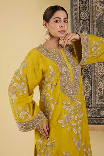 Shop_BAIDEHI_Mustard Silk Round Neck, Yes Floral Embroidered Kurta And Dhoti Pant Set _Online_at_Aza_Fashions