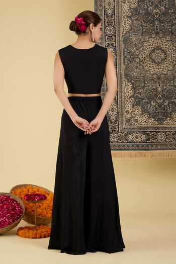 BAIDEHI Black Organza, Georgette, Chinon Open Floral Embroidered Jacket And Palazzo Set Online at Aza Fashions BAIDEHI_Black Organza, Georgette, Chinon Open Floral Embroidered Jacket And Palazzo Set _Online_at_Aza_Fashions