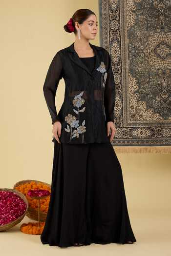 BAIDEHI Black Organza, Georgette, Chinon Open Floral Embroidered Jacket And Palazzo Set at Aza Fashions BAIDEHI_Black Organza, Georgette, Chinon Open Floral Embroidered Jacket And Palazzo Set _at_Aza_Fashions