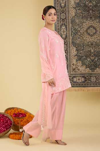 BAIDEHI_Pink Silk, Organza Keyhole Neck, Yes Floral Embroidered Kurta Set _Online_at_Aza_Fashions