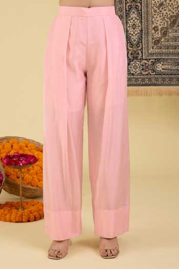 Shop_BAIDEHI_Pink Silk, Organza Keyhole Neck, Yes Floral Embroidered Kurta Set _Online_at_Aza_Fashions