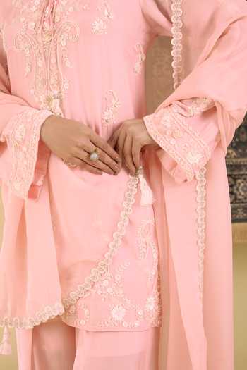BAIDEHI_Pink Silk, Organza Keyhole Neck, Yes Floral Embroidered Kurta Set _at_Aza_Fashions