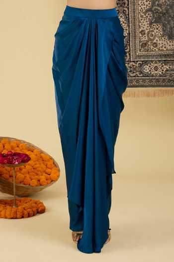 BAIDEHI_Blue Satin V-neck Draped Skirt And Embellished Top Set _Online_at_Aza_Fashions