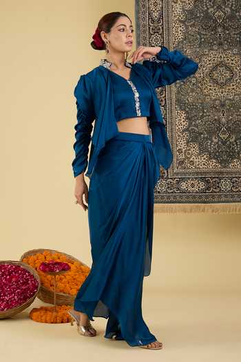 BAIDEHI_Blue Satin V-neck Draped Skirt And Embellished Top Set _at_Aza_Fashions