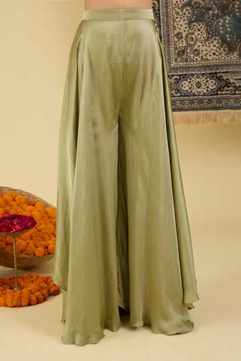 BAIDEHI Olive Green Silk, Crepe Round Neck Placed Embellished Kurta Set Online at Aza Fashions BAIDEHI_Olive Green Silk, Crepe Round Neck Placed Embellished Kurta Set _Online_at_Aza_Fashions