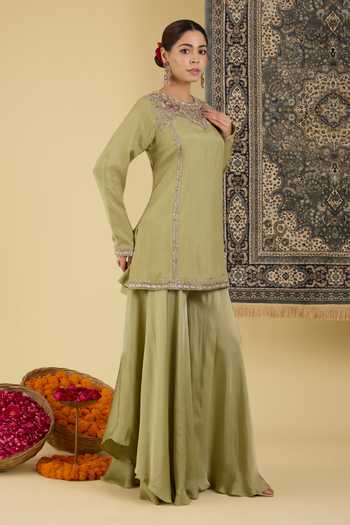 Buy BAIDEHI Olive Green Silk, Crepe Round Neck Placed Embellished Kurta Set Online at Aza Fashions Buy_BAIDEHI_Olive Green Silk, Crepe Round Neck Placed Embellished Kurta Set _Online_at_Aza_Fashions
