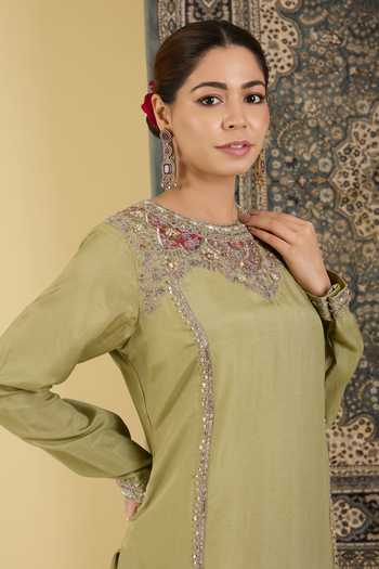 Shop BAIDEHI Olive Green Silk, Crepe Round Neck Placed Embellished Kurta Set Online at Aza Fashions Shop_BAIDEHI_Olive Green Silk, Crepe Round Neck Placed Embellished Kurta Set _Online_at_Aza_Fashions