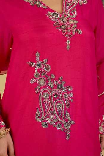 Buy BAIDEHI Pink Silk, Organza V-neck, Yes Floral Embroidered Kurta And Sharara Set Online at Aza Fashions Buy_BAIDEHI_Pink Silk, Organza V-neck, Yes Floral Embroidered Kurta And Sharara Set _Online_at_Aza_Fashions