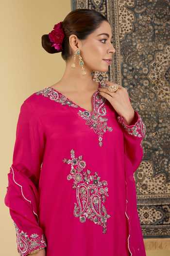 BAIDEHI Pink Silk, Organza V-neck, Yes Floral Embroidered Kurta And Sharara Set at Aza Fashions BAIDEHI_Pink Silk, Organza V-neck, Yes Floral Embroidered Kurta And Sharara Set _at_Aza_Fashions