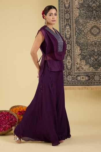 Shop BAIDEHI Wine Organza, Georgette, Chinon V-neck Sequin Embroidered Cape Palazzo Set Online at Aza Fashions Shop_BAIDEHI_Wine Organza, Georgette, Chinon V-neck Sequin Embroidered Cape Palazzo Set _Online_at_Aza_Fashions