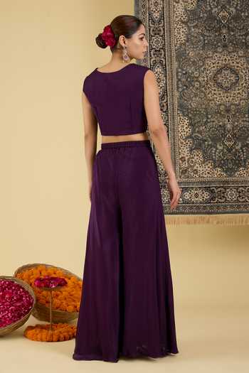 Buy BAIDEHI Wine Organza, Georgette, Chinon V-neck Sequin Embroidered Cape Palazzo Set Buy_BAIDEHI_Wine Organza, Georgette, Chinon V-neck Sequin Embroidered Cape Palazzo Set