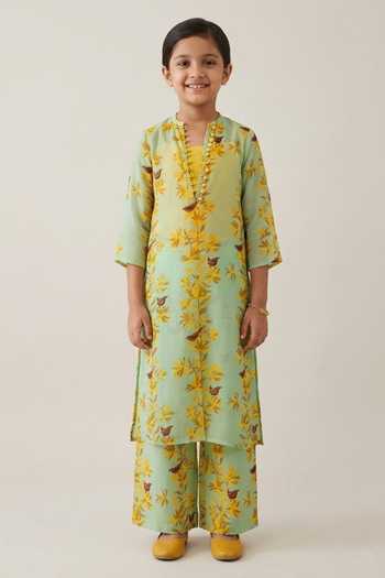 Amrood Floral Bird Pattern Green Kurta For Kids