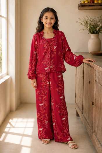Amrood Ruby Pink Floral & Bird Print Shirt For Kids