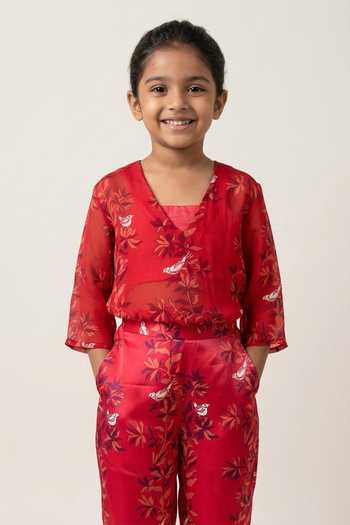 Amrood Floral Bird Printed Sheer Shirt Tunic For Kids