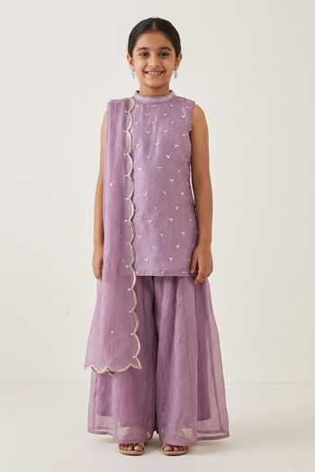 Redpine Designs Hand Embroidered Lavender Kurta Sharara Set For Kids