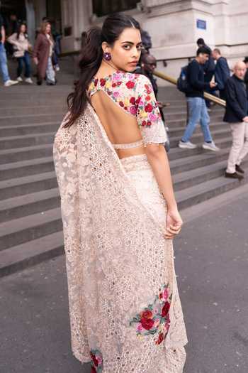 Shop Seema Gujral Beige Net High Neck Saree With Thread Work Embroidered Blouse Online at Aza Fashions Shop_Seema Gujral_Beige Net High Neck Saree With Thread Work Embroidered Blouse _Online_at_Aza_Fashions
