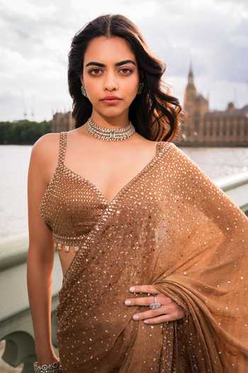 Shop_Seema Gujral_Gold Georgette Plunge Neck Crystal Embroidered Saree With Blouse _Online_at_Aza_Fashions