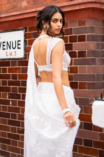 Buy Seema Gujral Ivory Net Sweetheart Neck Sequin Embroidered Saree With Blouse Buy_Seema Gujral_Ivory Net Sweetheart Neck Sequin Embroidered Saree With Blouse