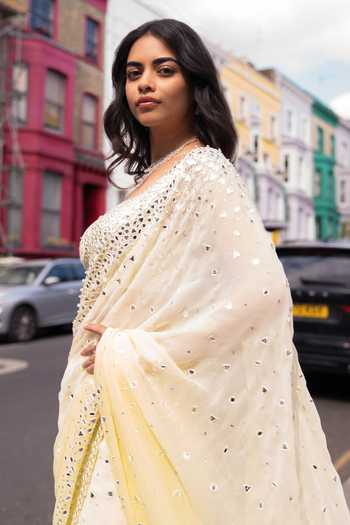 Shop_Seema Gujral_Yellow Georgette, Silk Ombre Lemon Mirror Work Saree With Blouse _Online_at_Aza_Fashions
