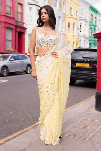 Buy_Seema Gujral_Yellow Georgette, Silk Ombre Lemon Mirror Work Saree With Blouse 