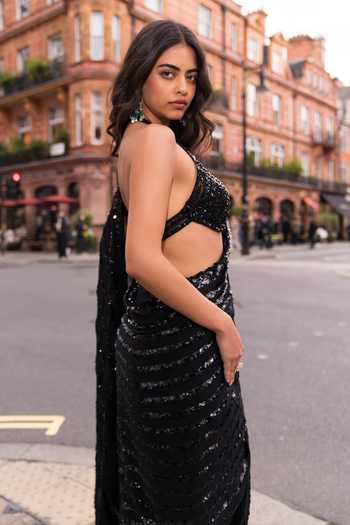 Shop_Seema Gujral_Black Georgette, Net Halter Neck Sequin And Crystal Embroidered Saree With Blouse _Online_at_Aza_Fashions