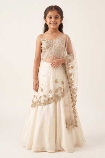Parul Gandhi Leaf Blade Embroidered Lehenga Saree & Corset Blouse For Kids