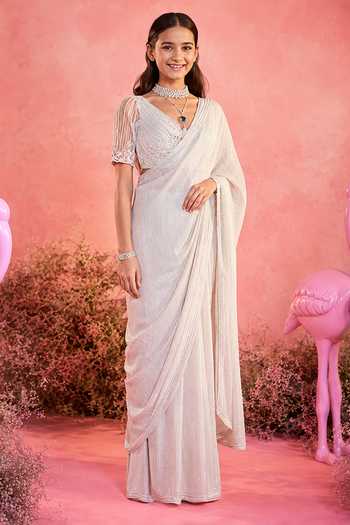 Parul Gandhi Zari Textured Embroidered Saree & Blouse Set For Kids