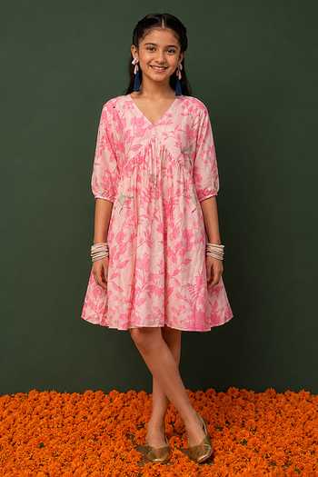 Chrkha Floral Print Chanderi Silk Dress For Kids