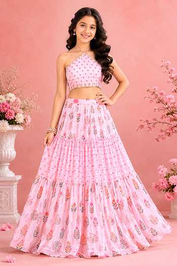Redpine Designs Floral Print Cutdana Blouse & Pleated Skirt Set For Kids