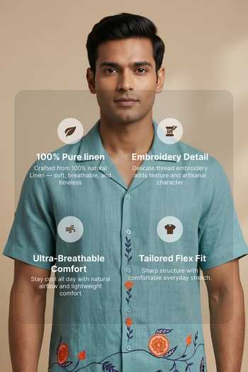 Hilo Design Blue Linen Coastline Embroidered Shirt Online at Aza Fashions Hilo Design_Blue Linen Coastline Embroidered Shirt _Online_at_Aza_Fashions