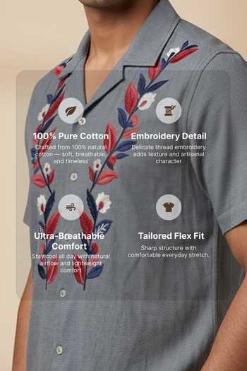 Hilo Design Grey Cotton Sunduo Dual Floral Embroidered Shirt Online at Aza Fashions Hilo Design_Grey Cotton Sunduo Dual Floral Embroidered Shirt _Online_at_Aza_Fashions
