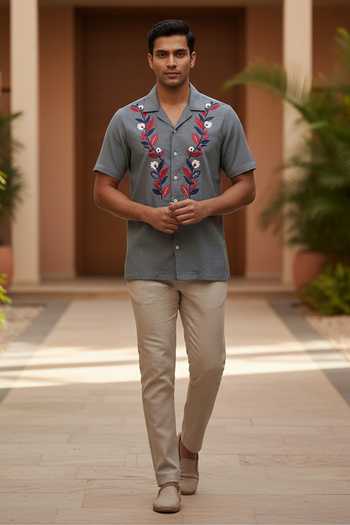 Hilo Design Sunduo Dual Floral Embroidered Cotton Shirt