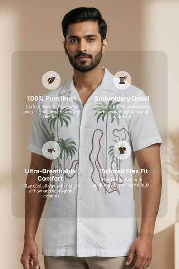 Hilo Design_White Linen Tansira Palm Embroidered Shirt _Online_at_Aza_Fashions