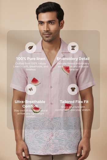 Hilo Design Pink Linen Watermelon Embroidered Shirt Online at Aza Fashions Hilo Design_Pink Linen Watermelon Embroidered Shirt _Online_at_Aza_Fashions