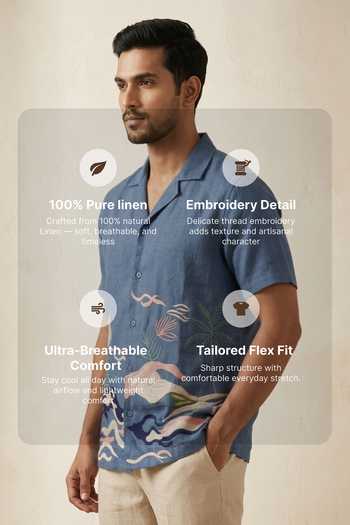 Hilo Design_Blue Linen Mirage Embroidered Shirt _Online_at_Aza_Fashions