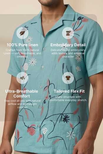 Hilo Design Blue Linen Serene Floral Embroidered Shirt Online at Aza Fashions Hilo Design_Blue Linen Serene Floral Embroidered Shirt _Online_at_Aza_Fashions