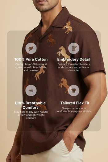 Hilo Design Brown Cotton Galloping Horse Embroidered Shirt Online at Aza Fashions Hilo Design_Brown Cotton Galloping Horse Embroidered Shirt _Online_at_Aza_Fashions