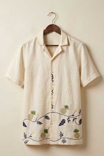 Hilo Design Pinora Pineapple Embroidered Linen Shirt 