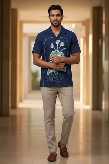 Hilo Design Midnight Bloom Lotus Embroidered Shirt 