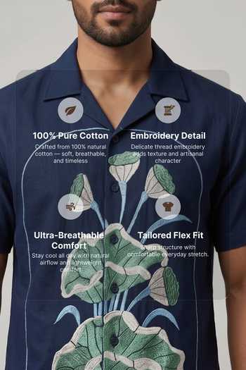 Hilo Design Blue Cotton Midnight Bloom Lotus Embroidered Shirt Online at Aza Fashions Hilo Design_Blue Cotton Midnight Bloom Lotus Embroidered Shirt _Online_at_Aza_Fashions