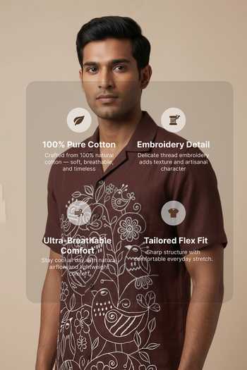 Hilo Design Brown Cotton Botan Embroidered Shirt Online at Aza Fashions Hilo Design_Brown Cotton Botan Embroidered Shirt _Online_at_Aza_Fashions